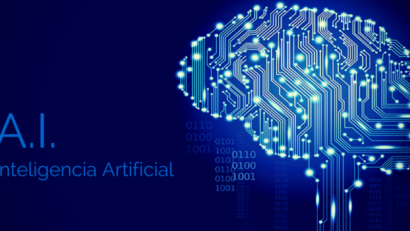 Representación conceptual de un cerebro digital con circuitos y la palabra ‘A.I. Inteligencia Artificial’ en un fondo azul, simbolizando innovación y tecnología avanzada