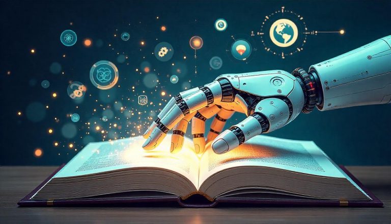 mano de robot, apoyada en un libro o leyendo glosario de palabras clave de inteligencia artificial
